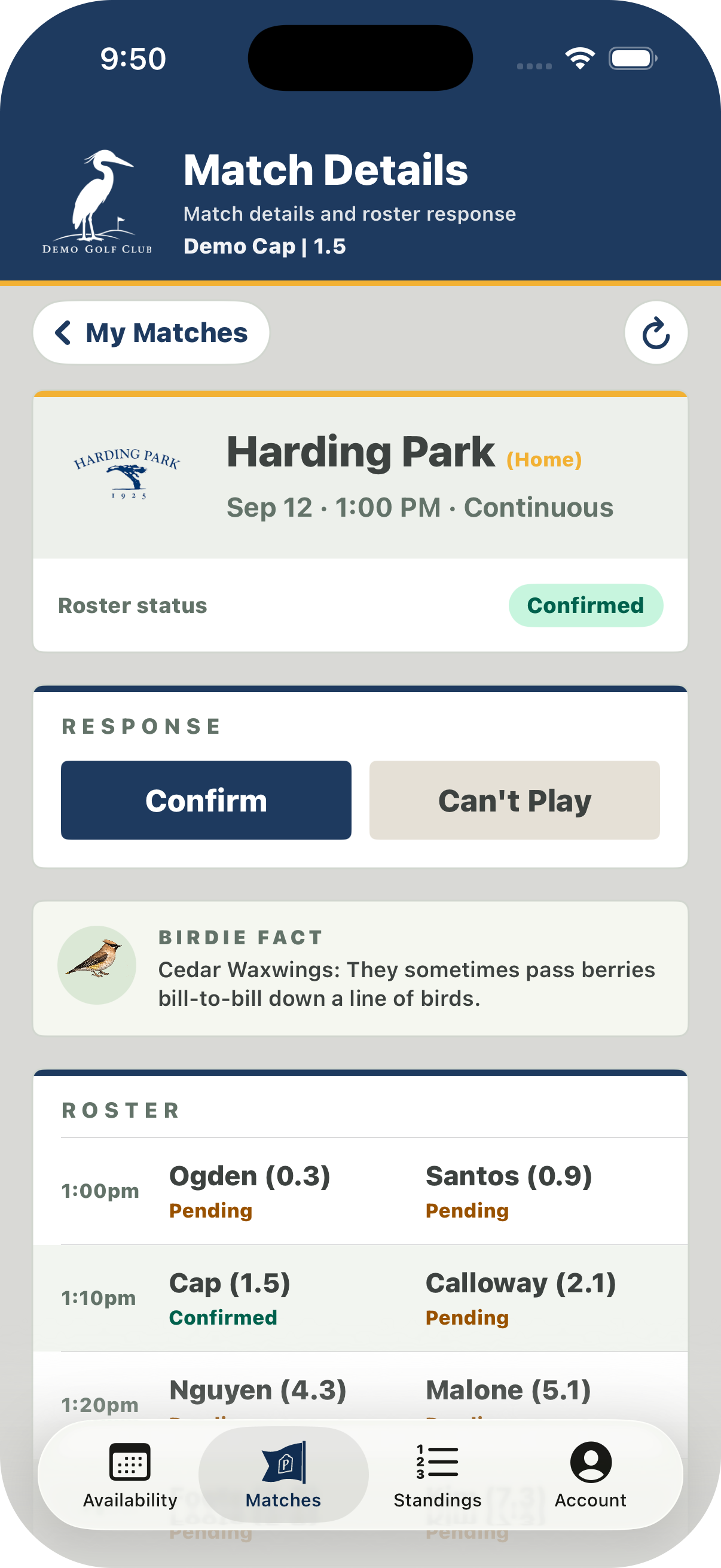 Published roster and pairings view